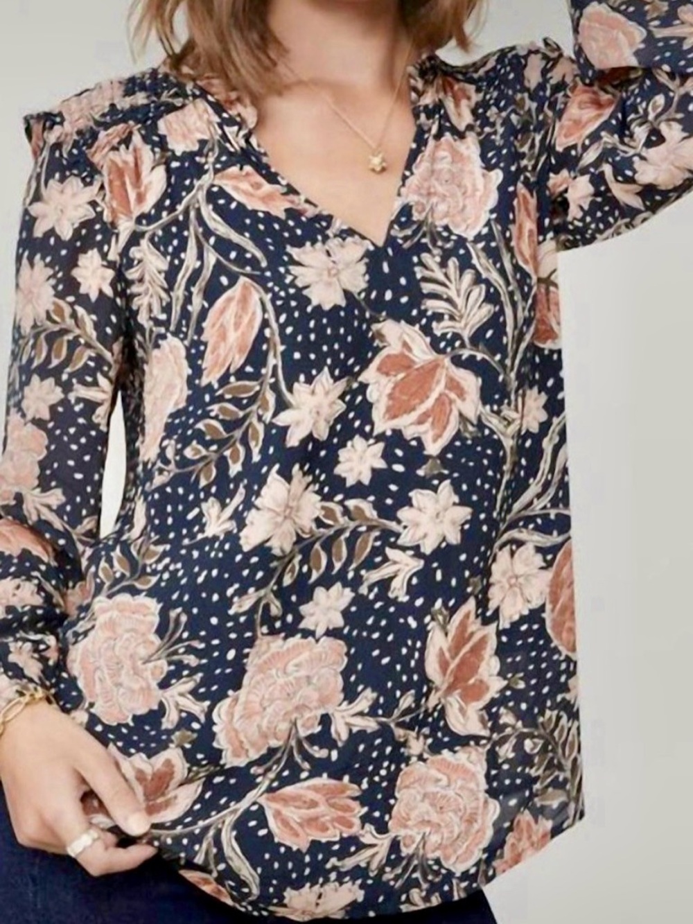 Spartina 449 Navy Blush Floral V-Neck Blouse